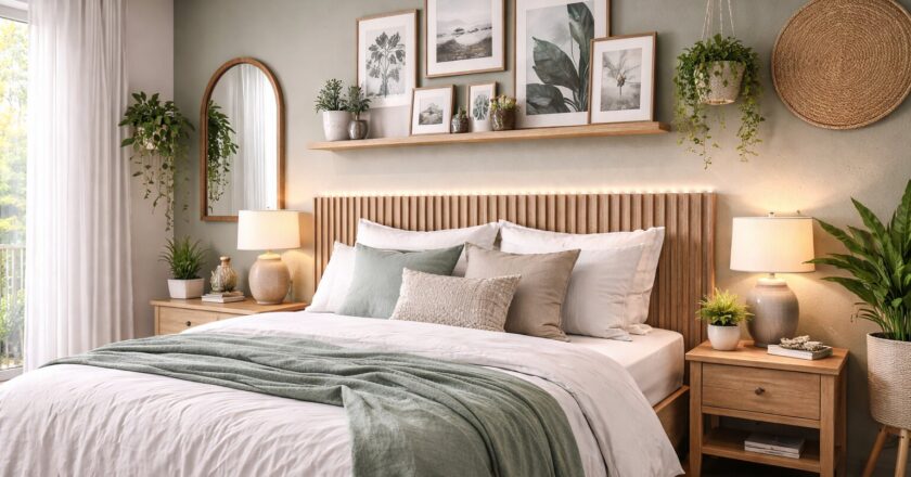 Ideeën voor de muur in de slaapkamer die sfeer, diepte en persoonlijkheid toevoegen