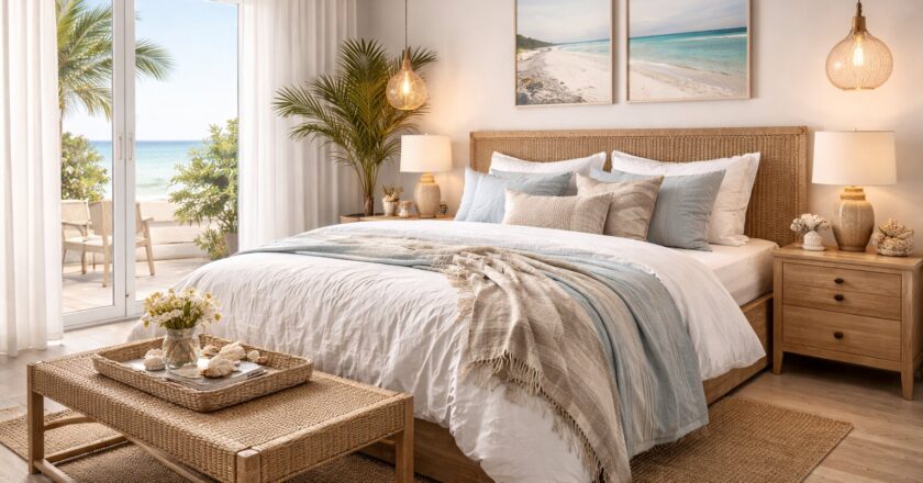 Een beach slaapkamer creëren: lichte tinten, natuurlijke materialen en ontspannen sfeer